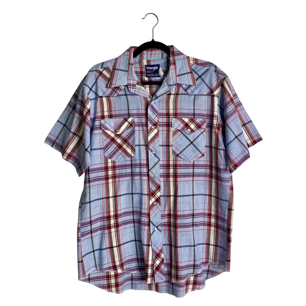Vintage 80s Wrangler Cowboy Cut Pearl Snap Shirt Mens 16.5 XL Plaid Short Sleeve
